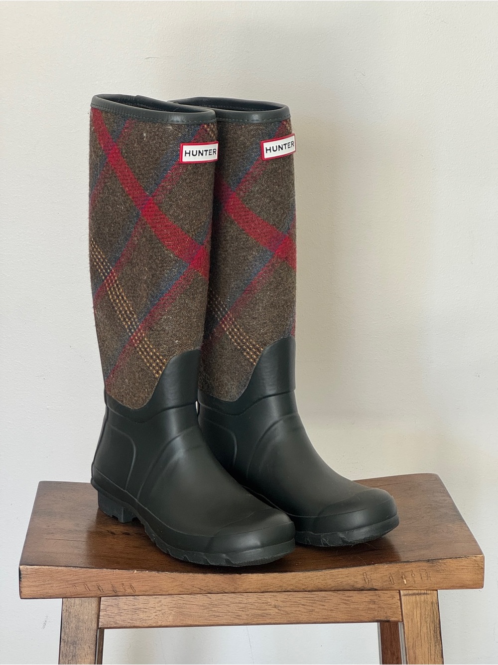 Hunter Women's Brown Plaid Tall Rain Boots with Black Rubber Foot